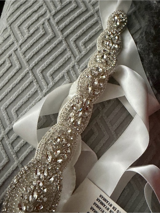 David\'s Bridal Ivory Satin Belt with Crystal Beaded Applique main image 9